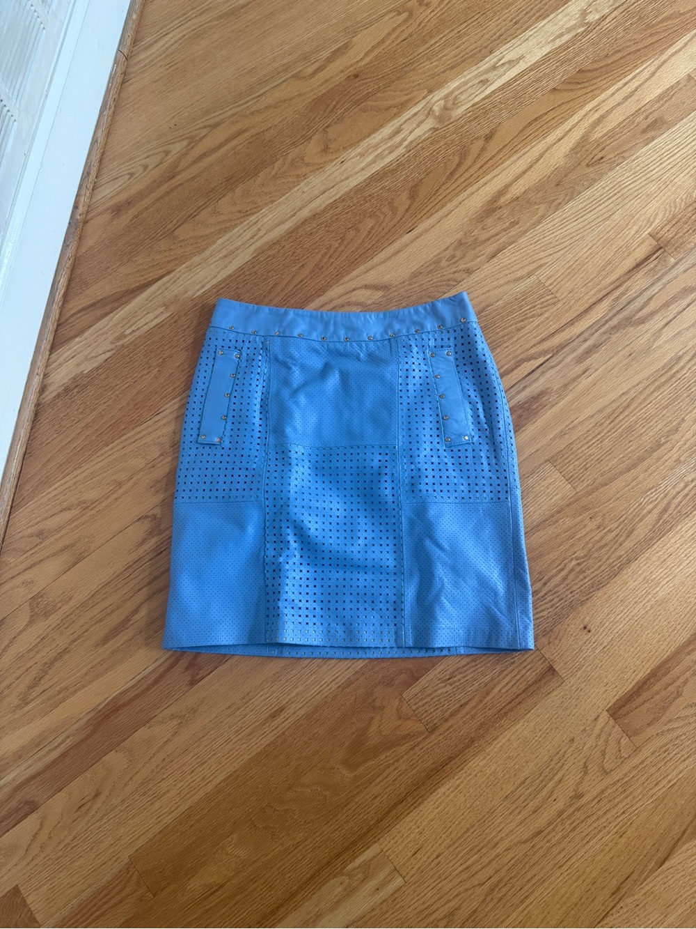 Etcetera blue genuine leather skirt studded detailing